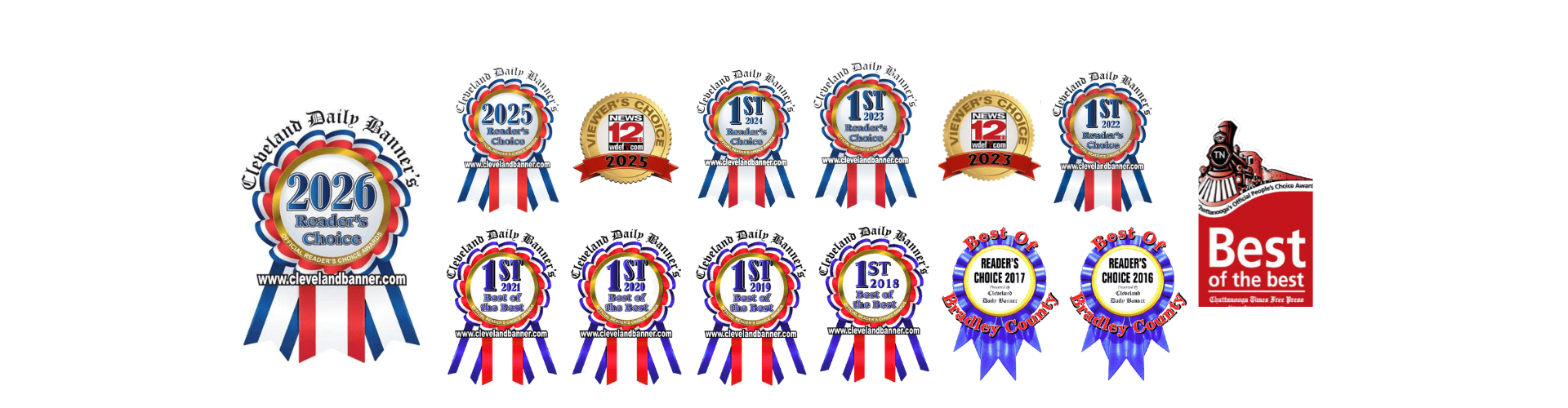 Ribbons Cleveland Daily Banner Reader's Choice Best Audiologist Best of the Best Awards 2026, 2025, 2024, 2023, 2022, 2021, 2020, 2019, 2018, 2017, 2016